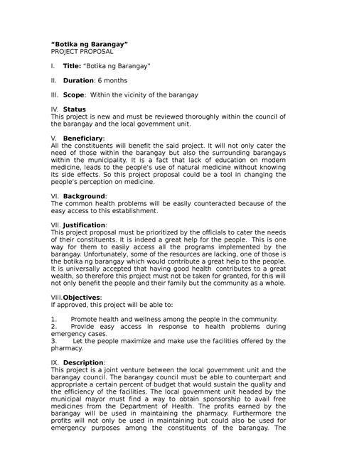 Botika Ng Barangay Project Proposal Botika Ng Barangay PROJECT