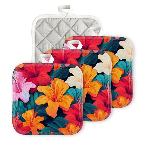 Bahomeck Pot Holder 4Pcs Vibrant And Colorful Tropical Flowers Square Heat Resistant Hot Pads
