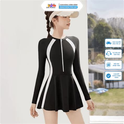 Váy bơi nữ tay dài Bikini liền thân cao cấp chống nắng Đầm bơi màu đen