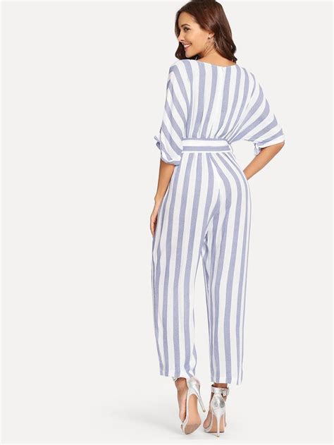 Shein Vertical Stripe Surplice Wrap Batwing Jumpsuit Jumpsuit