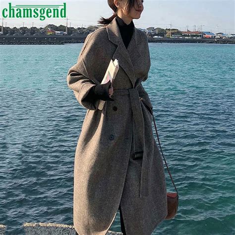 CHAMSGEND зимнее шерстяное пальто для женщин с отложным воротником ...