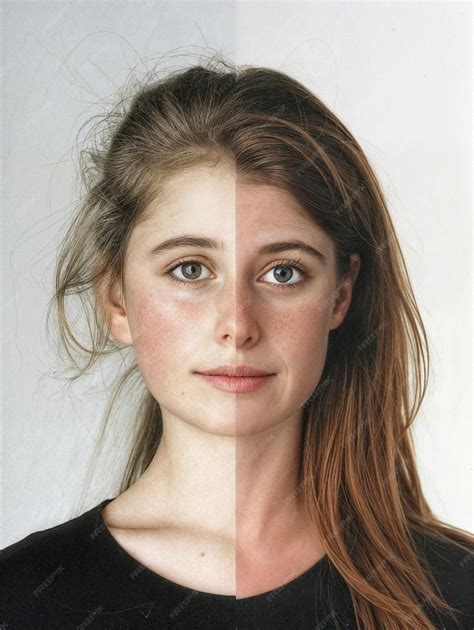 Split face of woman Comparison between different skin types and hair