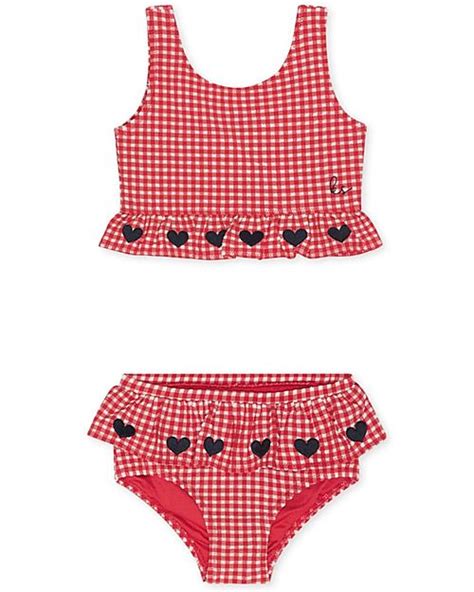 Konges Slojd Bikini Soline Rosso A Quadretti Con Cuori Da Plastica Riciclata Bambina