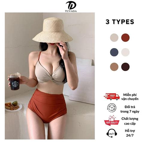 Bikini 2 mảnh phong cách Hàn Quốc Tuvada đồ bơi nữ cổ V quần cạp cao che bụng áo tắm đi biển
