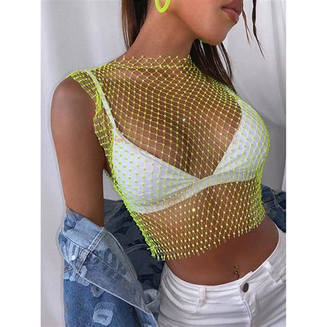 Sexy Club Wear Rhinestone Diamond Mesh Sleeveless Crop Top For Women