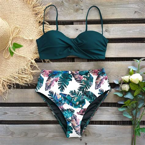 Sexy Leaf Print Bikini Female Swimsuit Women Swimwear Thong Push Up Bikinis Set High Waist