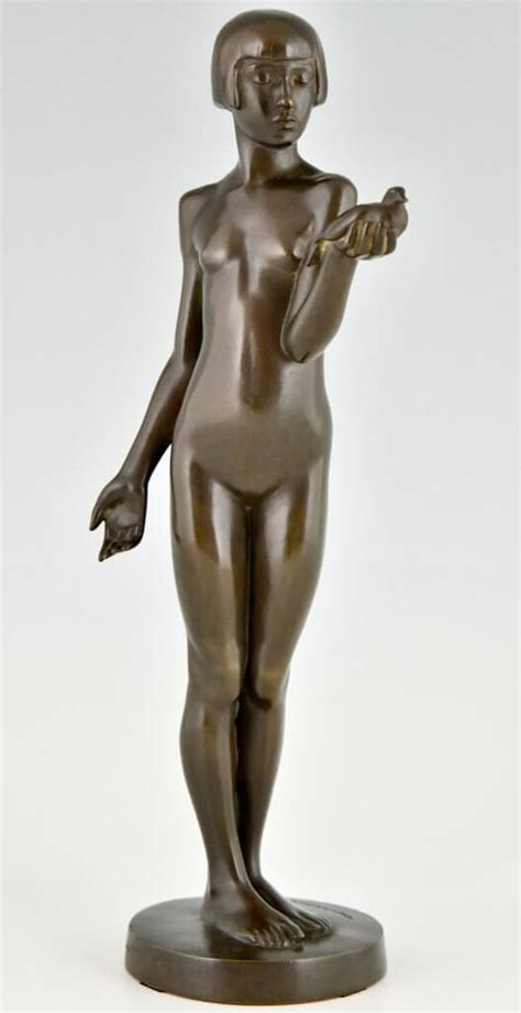 Art Deco Bronze Sculpture Nude Girl With Dove Deconamic
