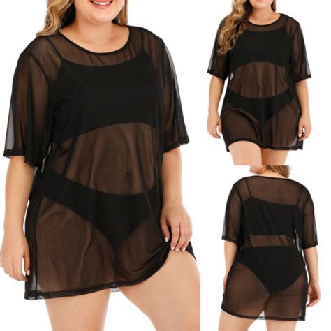 Women Sheer Mesh Bikini Cover Up Tops Beach Short Sleeve Kaftan Dress