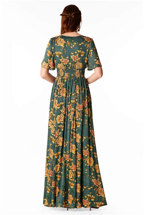 Shop Floral Print Smocked Waist Chiffon Maxi Dress Eshakti