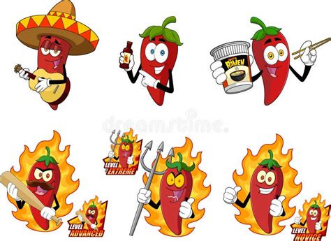 Funny Hot Chili Pepper Cartoon Characters Vector Hand Drawn Collection Set Stock Vector