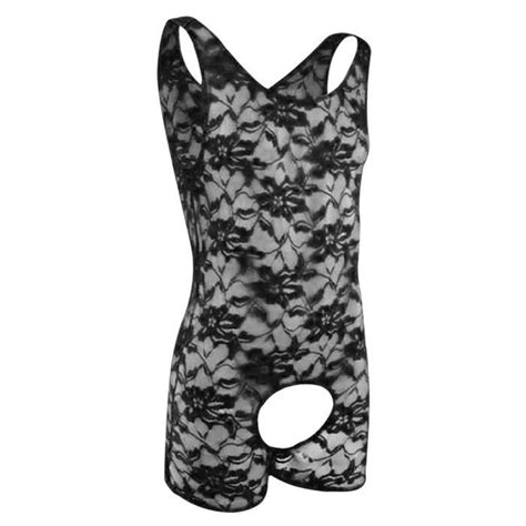 Lingerie pour hommes bretelles en dentelle Mankini une pièce V Sling Stretch Singlet Body Sun1