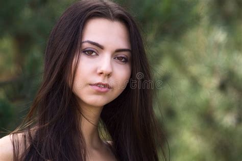 Graceful Charming Brunette Model Posing In Black Dress In Coniferous Park Stock Photo Image Of