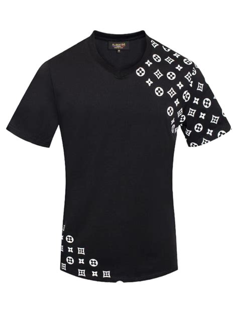 Black Mens Luxury Design V Neck T Shirt Graphic Print Short Sleeve