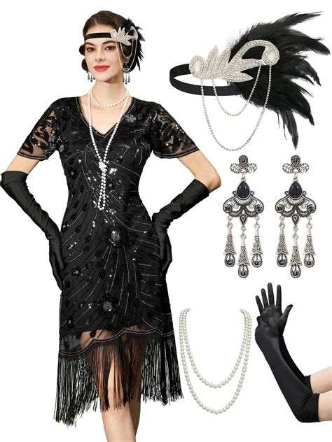 YESSA Black Flapper Dresses 1920s Dresses For Women,V Neck Great Gatsby