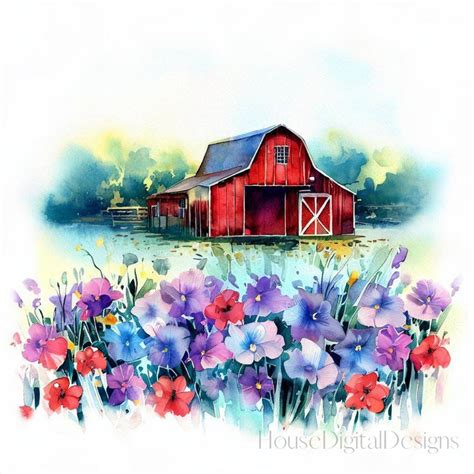 Red Barn Digital Watercolor Print Digital Art Print Farmhouse Digital