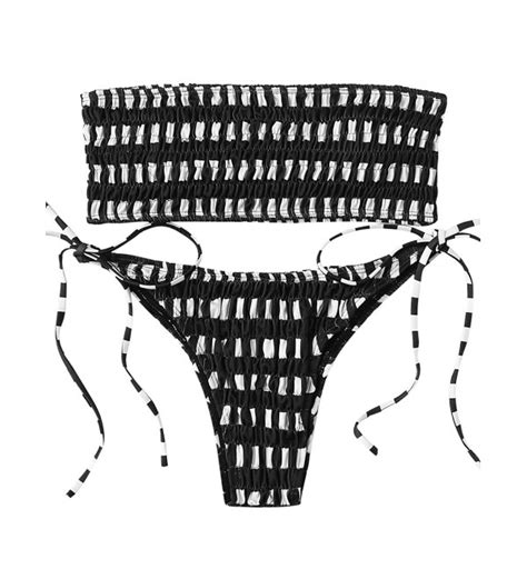 Women S Bandeau Swimsuit Off Shoulder Ruched PCS High Waist Bikini Set Black And White