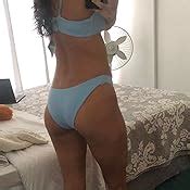 Amazon ZAFUL Women S Sexy Tie Shoulders Ribbed Bikini Set Padded Strap Triangle Swimsuit