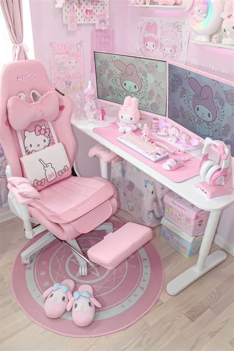 A Pink Hello Kitty Desk And Chair In A Childs Room