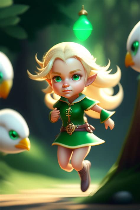 Lexica A Blonde Elf Wearing A Green Tunic Running Away From A Flock Of White Chickens Made