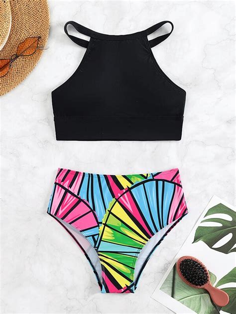 Geo Print Tankini Set High Neck Halter Top High Waisted Bikini Piece Swimsuit Shein Usa