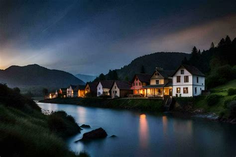 Photo Wallpaper The Sky Mountains River Night Houses River