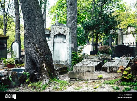 Tombstones In Cemetery At Dusk Gothic Style Crosses Paris Stock Photo