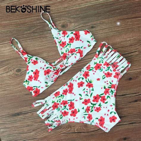 BEKOSHINE 2018 Women New Bikini Sets Print Swimwear Flower High Wiast Swimsuit Sexy Bandage