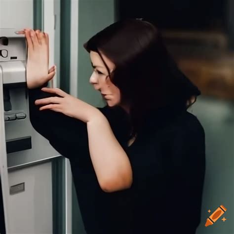 Brunette Woman Kicking An Atm Machine On Craiyon