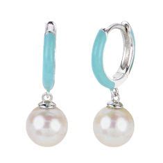 7 7 5mm Fresh Water Cultured Pearl And Teal Enamel Sterling Silver Hoop