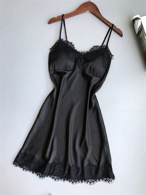 Charming Plus Size Sexy Ice Silk V Neck Lace Suspender Nightgown B W Lingerie Sexy