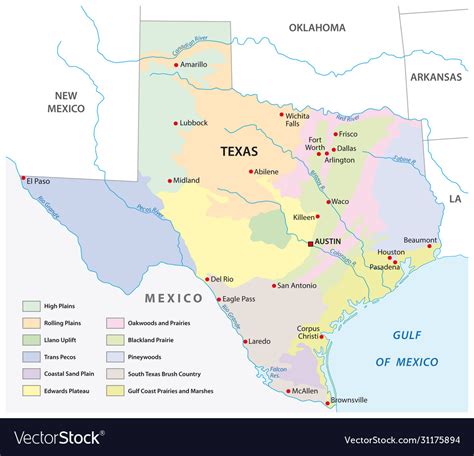 Map physical regions texas Royalty Free Vector Image