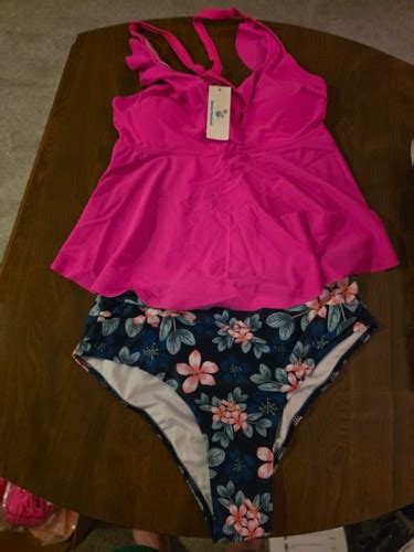 Beachsissi Ruffle V Neck Floral Print Tankini Set Hot Pink Size L New