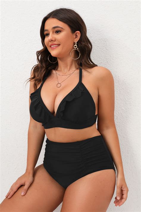 Conjunto De Bikini Con Volantes Y Cintura Alta Con Camisas