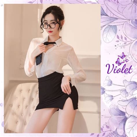 Jual Violet Lingerie Seksi Sekretaris Wanita Cosplay Seragam Guru Lengan Panjang Dasi Rok Mini