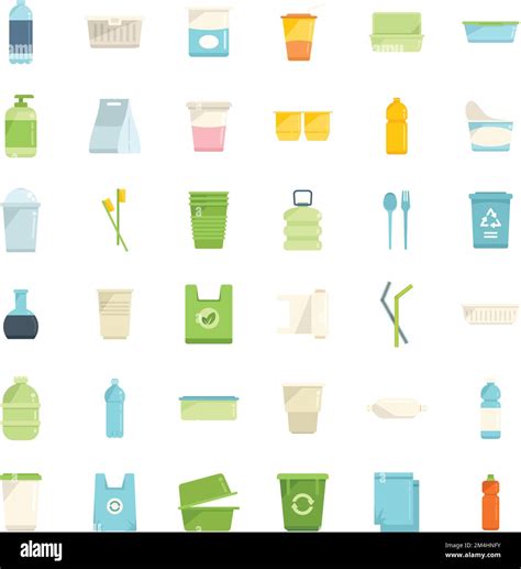 Biodegradable Plastic Icons Set Flat Vector Trash Bag Basket Bin