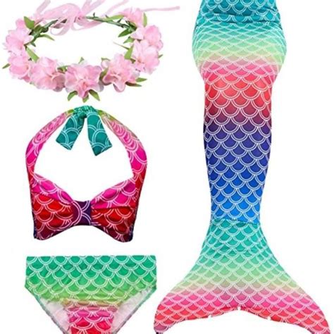 Costume de Natation Enfant Sirène Queue Bikini Maillot de Bain et Bandeau Guirlande de