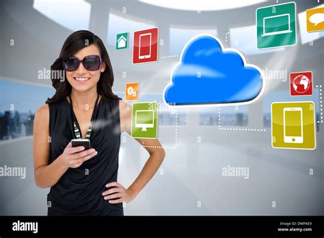 Glamorous Brunette Using Smartphone With Cloud And Icons Stock Photo