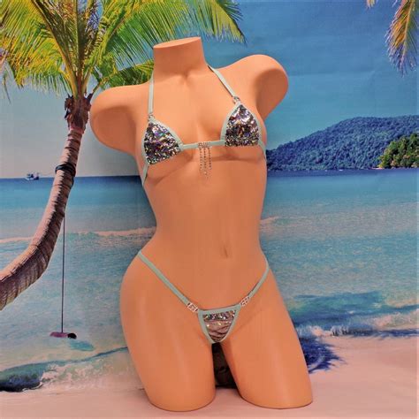 Mini Micro Bikini W Rhinestones G String Silver Black Shattered Glass Holographic With Turquoise