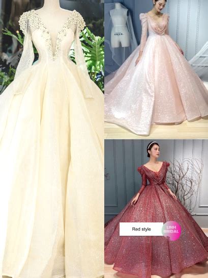 Beaded Shoulders Nude Pink Red Or Gold Sparkle Glitter Long Sleeves Deep V Ball Gown Wedding