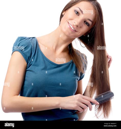 Beautiful Caucasian Brunette Model In Blue Dress Does Her Headdress Stock Photo Alamy