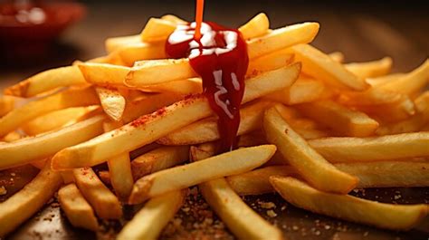 Premium Ai Image A Close Up Shot Of Ketchup Being Drizzled Over A Pile Of Golden Brown French