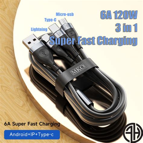 3 In 1 Charger 120W 6A Super Fast Charger Cable For Micro Usb Type C