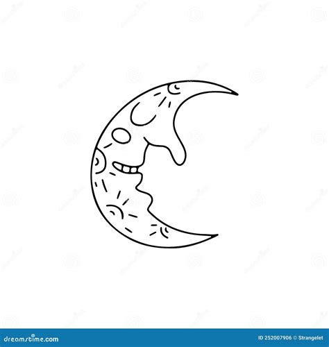 Half Moon With Human Face Hand Drawn Line Art Halloween Illustration