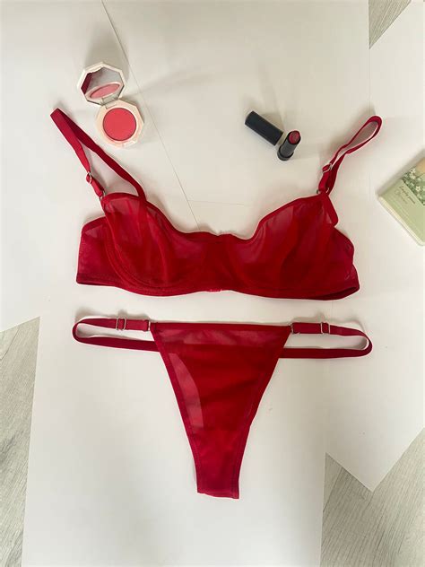 Red Bra Set Tulle Lingerie Sheer Bra And Panty Lingerie Set