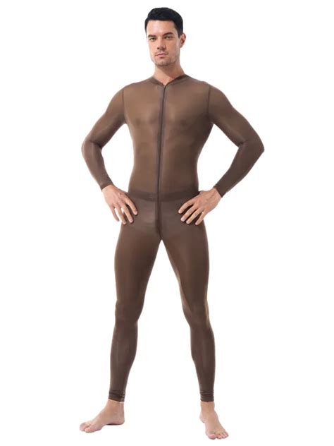 Mens Lingerie Long Sleeves Double Zipper Sheer Smooth Open Crotch Leotard Bodysuit Jumpsuit Y
