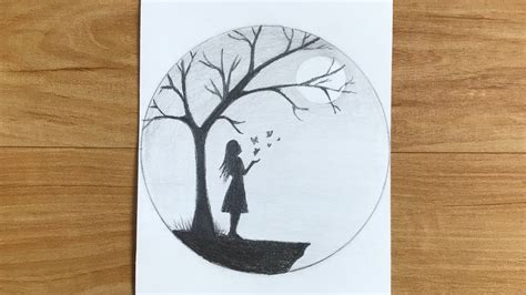 How To Draw A Girl Under A Tree In Moonlight For Beginners Pencil