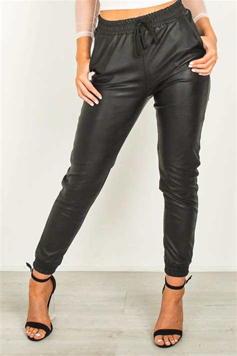 Black Faux Leather Casual Joggers Justyouroutfit