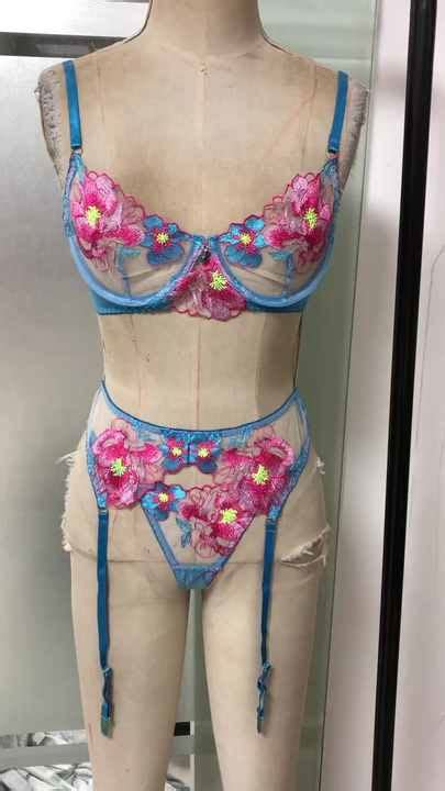 Hot Sell Women Sheer Sex Sexy Embroidery Underwear Floral Piece Lace Mesh Garter Lingerie Sets