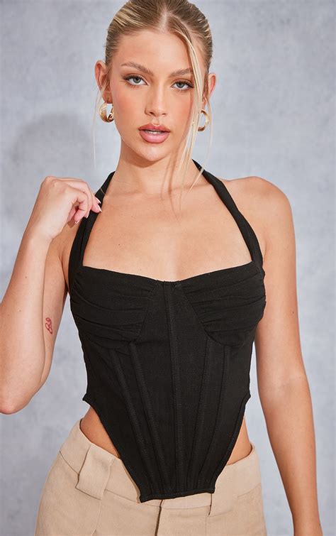 Deep Black Linen Look Ruched Bust Halter Neck Corset Top