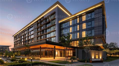 Modern hotel facade illuminated at dusk with warm lighting, landscaping